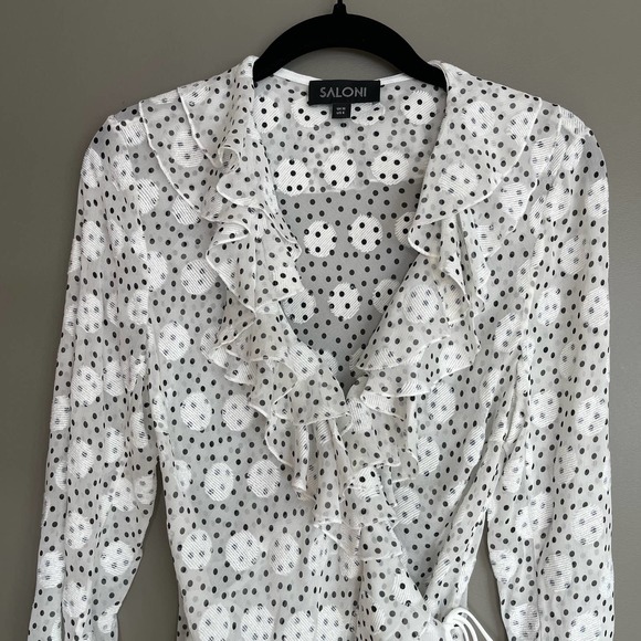 SALONI Iman Silk Wrap Blouse White Black Polka Dot Ruffles Sheer Contemporary - Picture 7 of 16